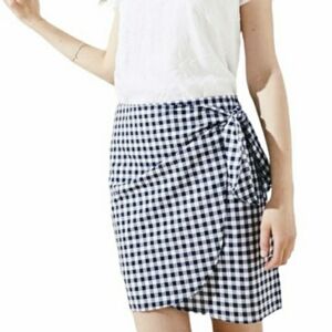 LOFT Navy Gingham Faux Wrap Tie Cotton  Mini Skirt Size 0